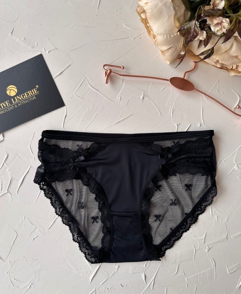 Arya Japon Style Arkası Tül Cut-Out Dantel Detaylı Cheeky Külot/Slip-2853 Siyah - L
