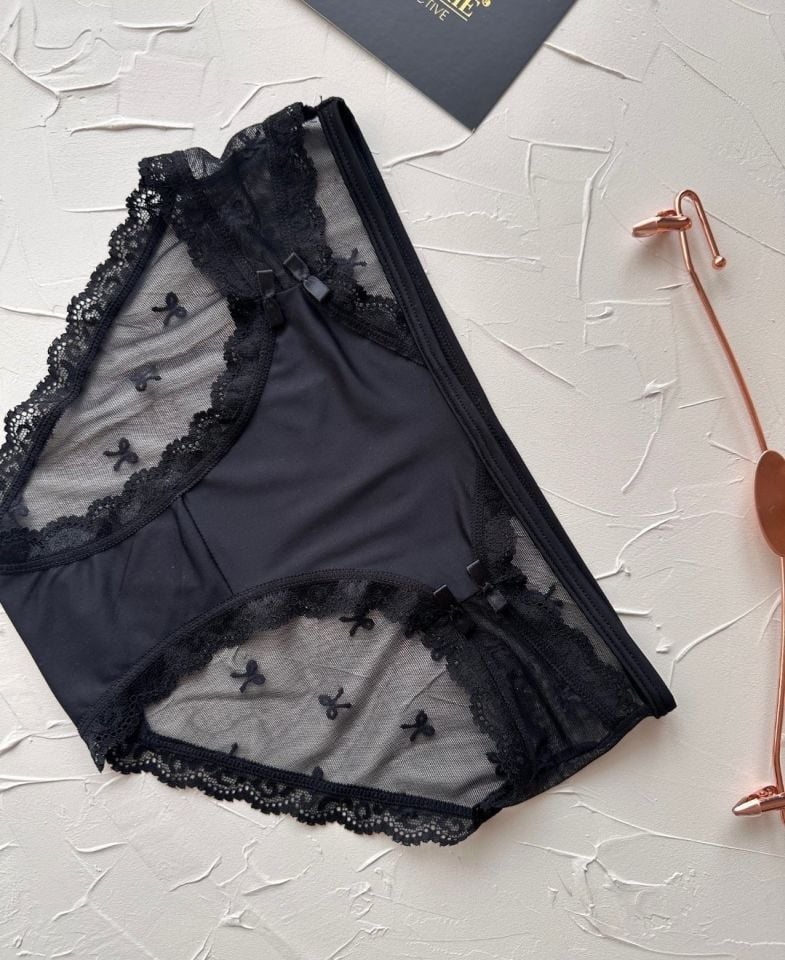 Arya Japon Style Arkası Tül Cut-Out Dantel Detaylı Cheeky Külot/Slip-2853 Siyah - L