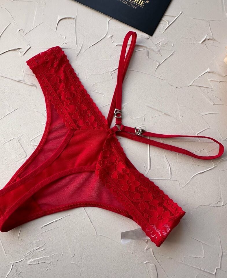 Intive Beli Şeritli Arkası Love Yazılı Dantelli Kırmızı Transparan Tanga -2947 Kırmızı - Standart