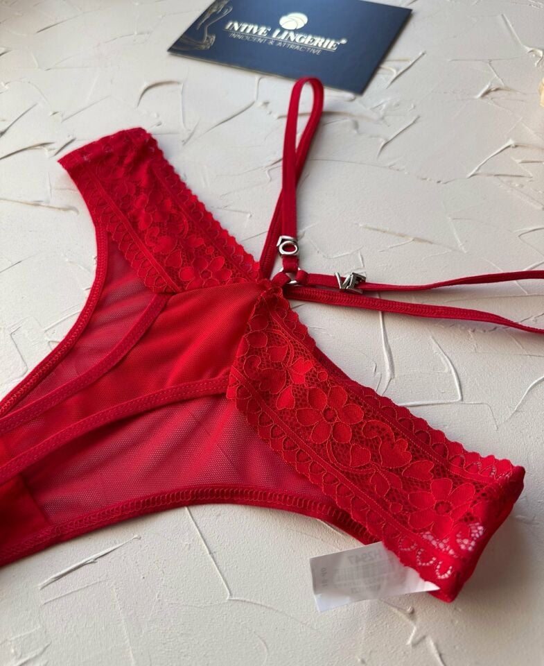 Intive Beli Şeritli Arkası Love Yazılı Dantelli Kırmızı Transparan Tanga -2947 Kırmızı - Standart