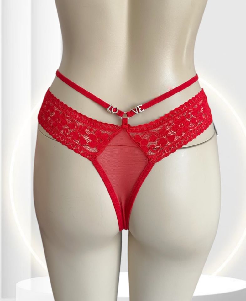 Intive Beli Şeritli Arkası Love Yazılı Dantelli Kırmızı Transparan Tanga -2947 Kırmızı - Standart
