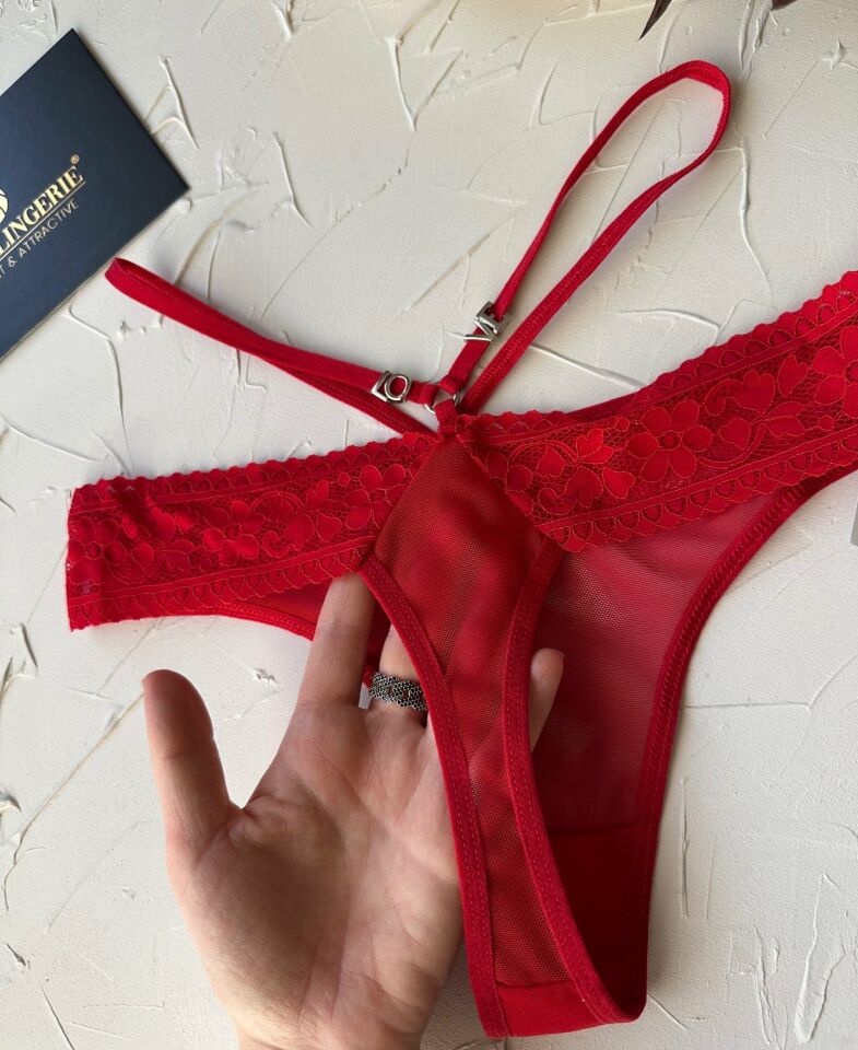 Intive Beli Şeritli Arkası Love Yazılı Dantelli Kırmızı Transparan Tanga -2947 Kırmızı - Standart