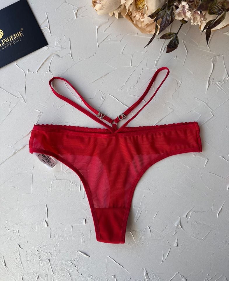 Intive Beli Şeritli Arkası Love Yazılı Dantelli Kırmızı Transparan Tanga -2947 Kırmızı - Standart