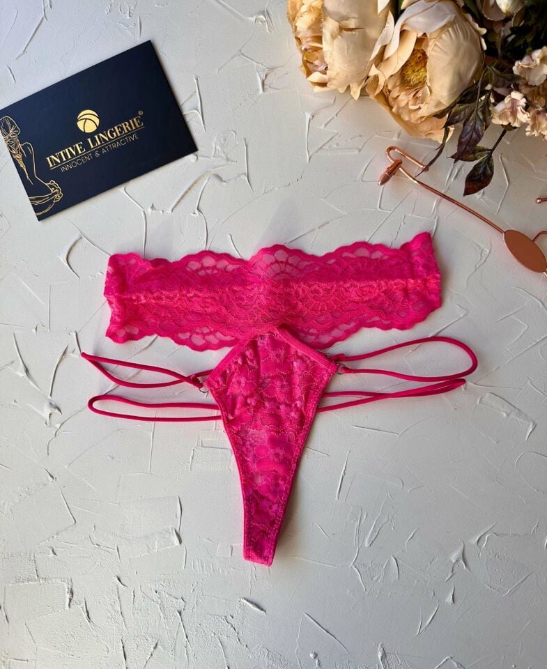 Intive Fuşya Pembe Dantelli Yanları Şeritli Yüksek Bel Fantezi Tanga Pembe - Standart