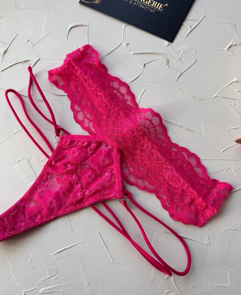 Intive Fuşya Pembe Dantelli Yanları Şeritli Yüksek Bel Fantezi Tanga Pembe - Standart