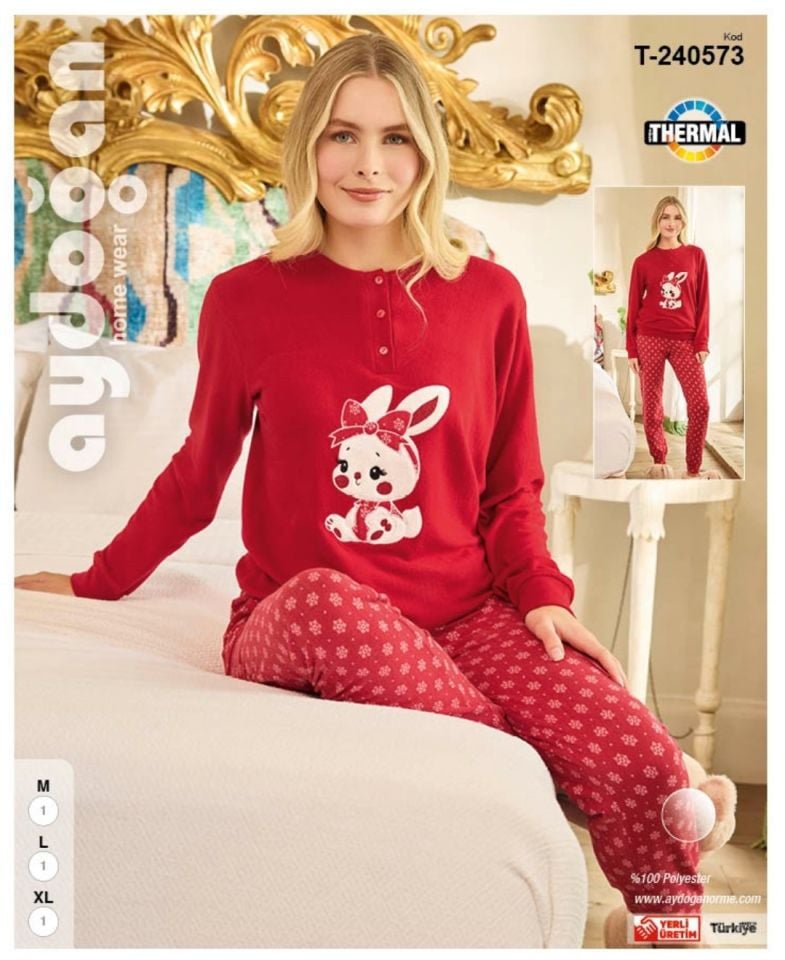 Aydoğan Kışlık Termal Kaliteli Desenli Sıcak Tutan Bisiklet Yaka Pijama Takımı- WT2024 Kırmızı/Beyaz - M