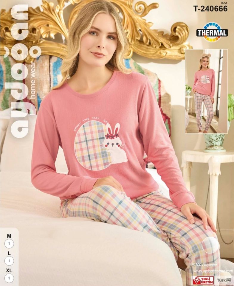 Aydoğan Kışlık Termal Kaliteli Desenli Sıcak Tutan Bisiklet Yaka Pijama Takımı- WT2024 Pembe/Beyaz - L