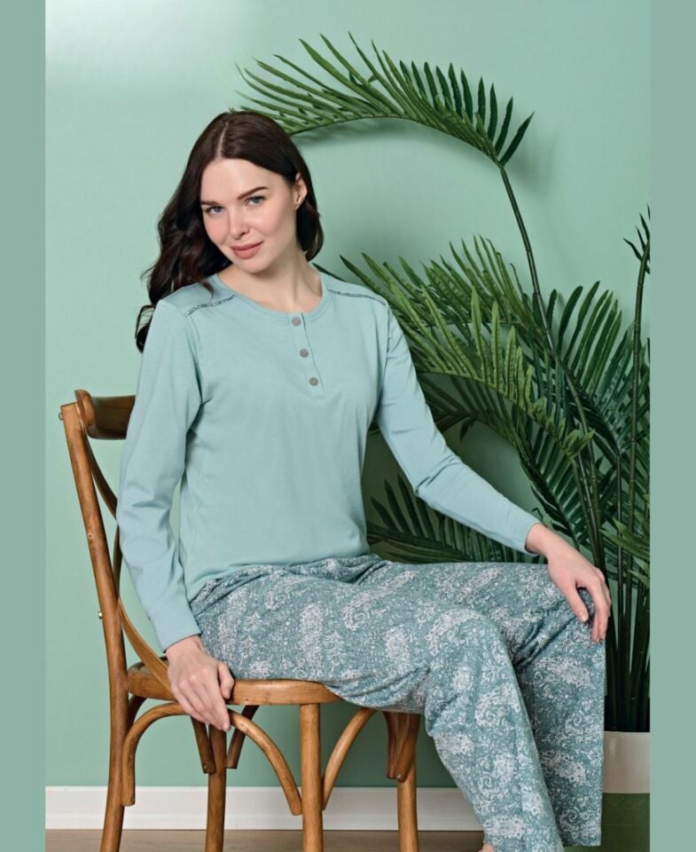 Poleren Modal Kumaş Rahat Gömlek Pantolon/Sıfır Yaka Desenli Düz Battal Pijama Takımları Mint/Beyaz - XL