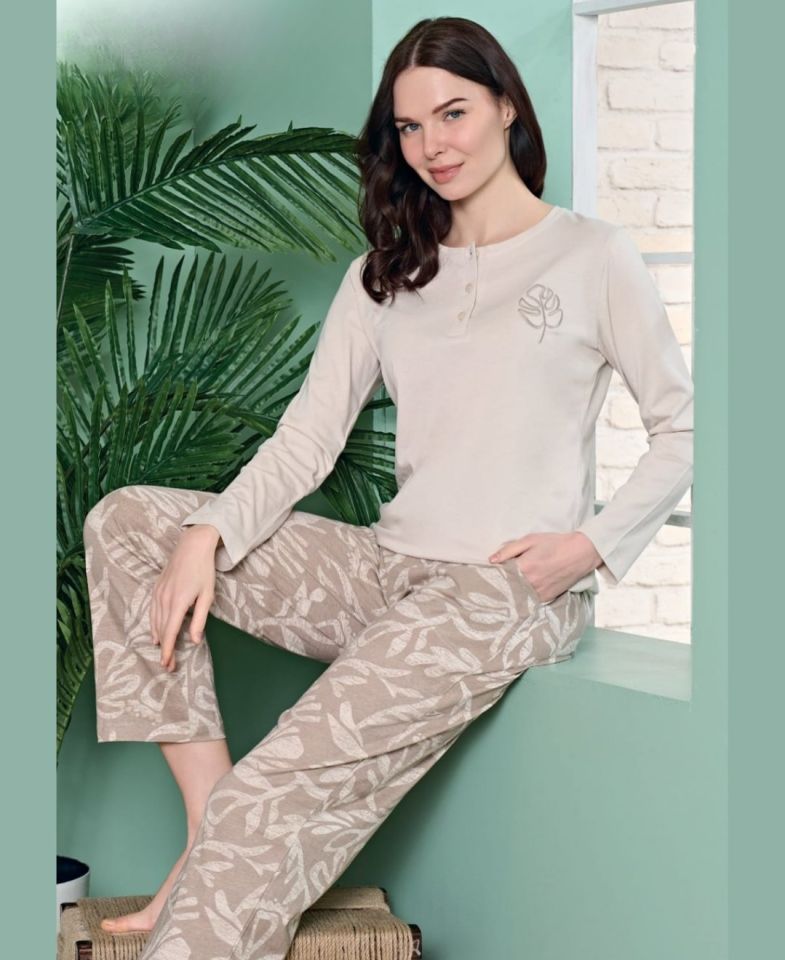 Poleren Modal Kumaş Rahat Gömlek Pantolon/Sıfır Yaka Desenli Düz Battal Pijama Takımları Bej - L