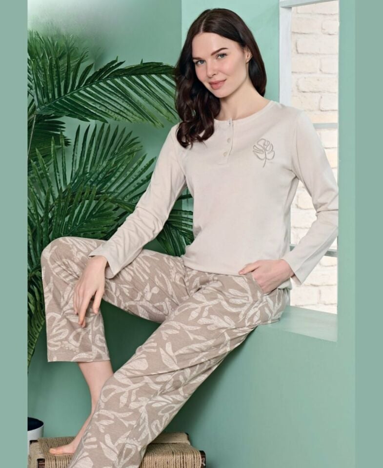 Poleren Modal Kumaş Rahat Gömlek Pantolon/Sıfır Yaka Desenli Düz Battal Pijama Takımları Bej - XL