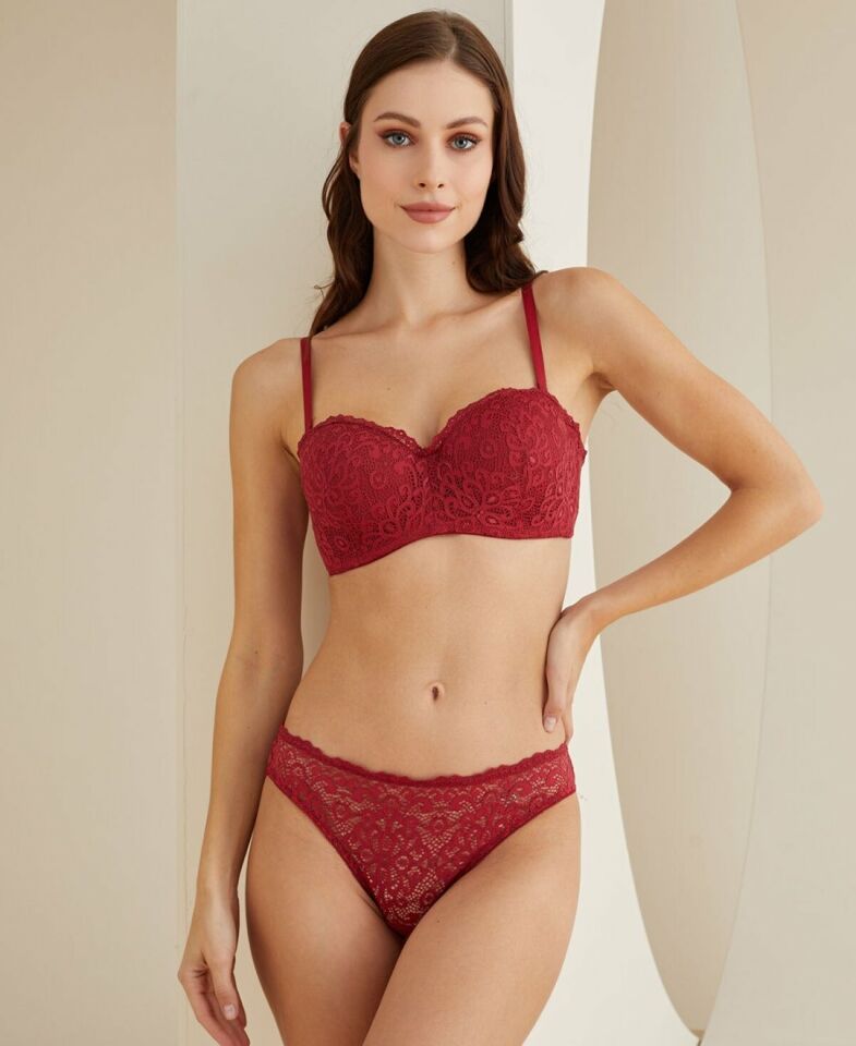Desteksiz Balenli Dantelli Cuplı Lotus Günlük Sütyen Takım -4817 Bordo - 90B