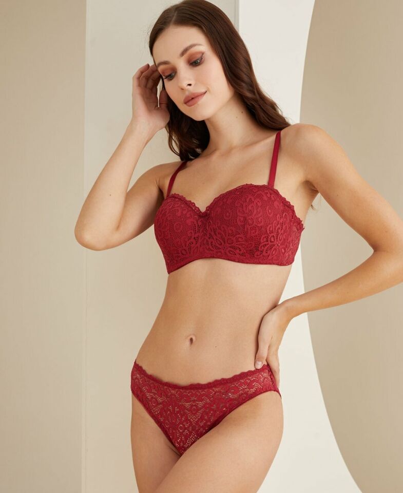 Desteksiz Balenli Dantelli Cuplı Lotus Günlük Sütyen Takım -4817 Bordo - 90B