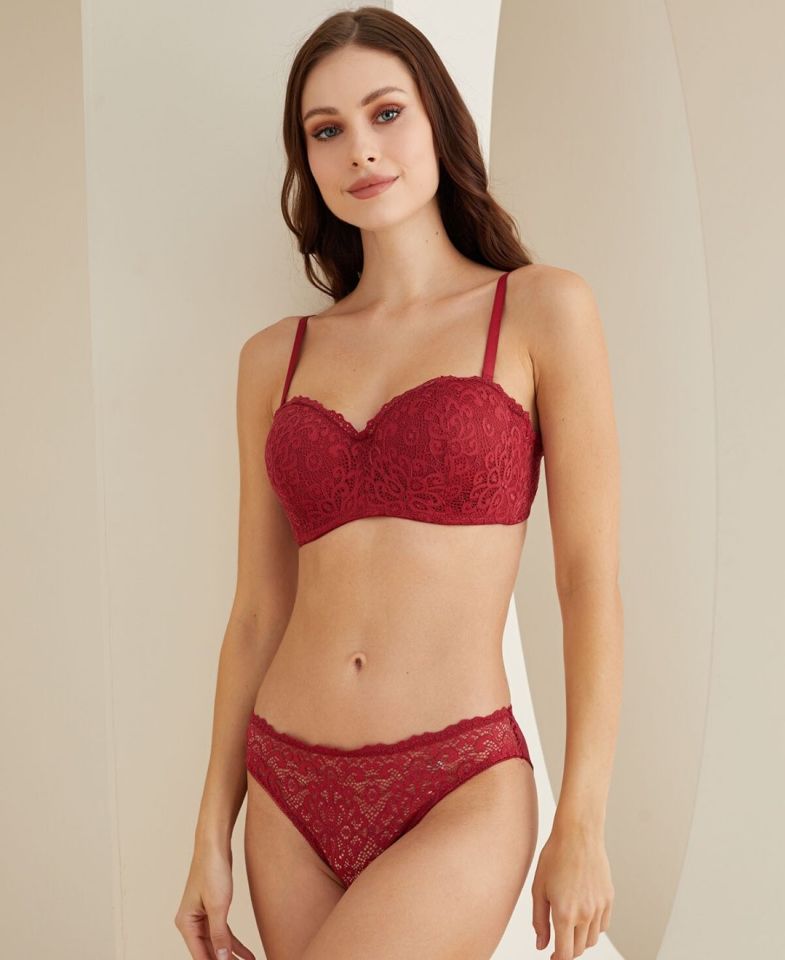 Desteksiz Balenli Dantelli Cuplı Lotus Günlük Sütyen Takım -4817 Bordo - 90B