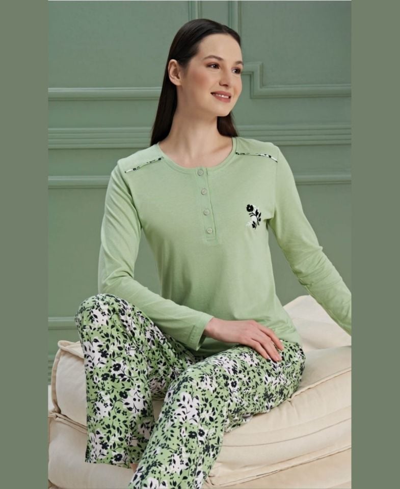 Poleren Modal Kumaş Rahat Gömlek Pantolon/Sıfır Yaka Desenli Düz Battal Pijama Takımları Fıstık Yeşili - M