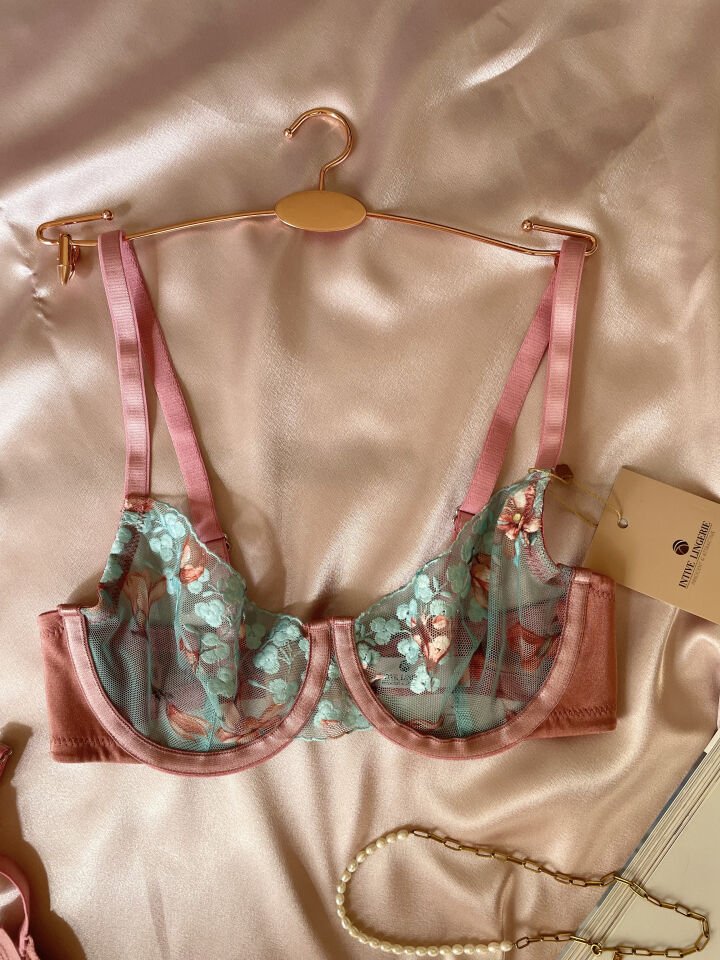 Intive Helana Mavi Tül Üstüne Pembe Çiçek Desenli Balenli Seksi Sütyen Takım Mavi/Pembe - 75