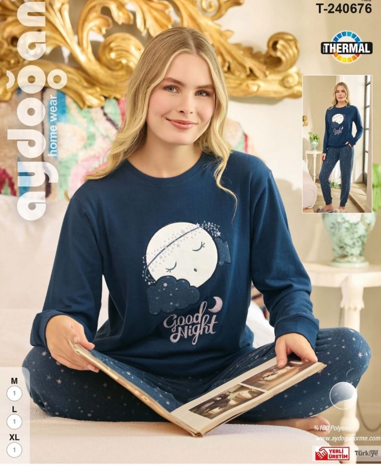Aydoğan Kışlık Termal Kaliteli Desenli Sıcak Tutan Bisiklet Yaka Pijama Takımı- WT2024 Mavi - XL