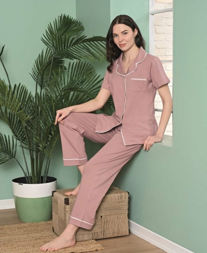 Poleren Modal Kumaş Rahat Gömlek Pantolon/Sıfır Yaka Desenli Düz Battal Pijama Takımları Gül Kurusu - L
