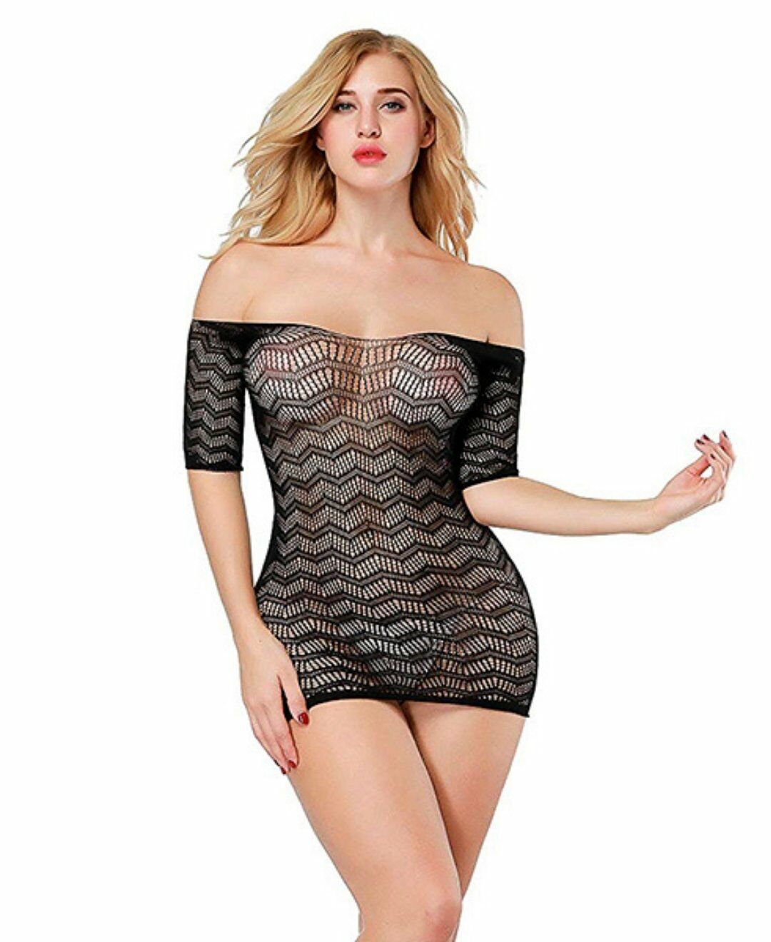 Secret Love Zigzag Desenli File Arka Dekolteli Mini Vücut Çorabı/Elbise Siyah - Standart