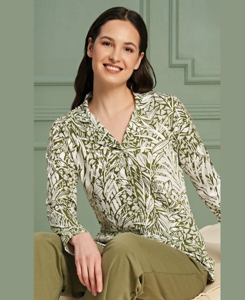 Poleren Modal Kumaş Rahat Gömlek Pantolon/Sıfır Yaka Desenli Düz Battal Pijama Takımları Haki Yeşil - M