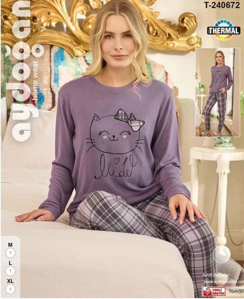 Aydoğan Kışlık Termal Kaliteli Desenli Sıcak Tutan Bisiklet Yaka Pijama Takımı- WT2024 Mor - XL