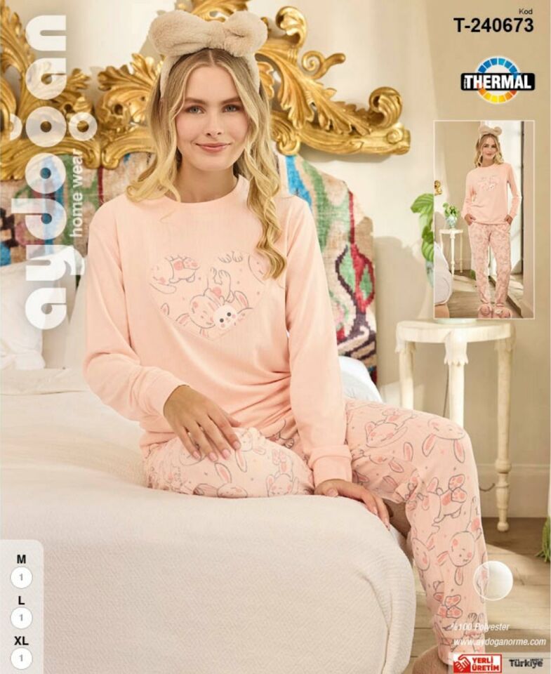 Aydoğan Kışlık Termal Kaliteli Desenli Sıcak Tutan Bisiklet Yaka Pijama Takımı- WT2024 Pembe - L