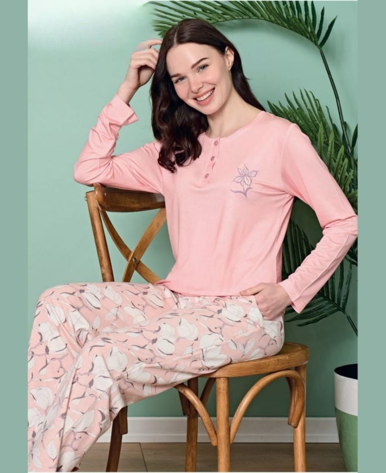 Poleren Modal Kumaş Rahat Gömlek Pantolon/Sıfır Yaka Desenli Düz Battal Pijama Takımları Pembe - XL