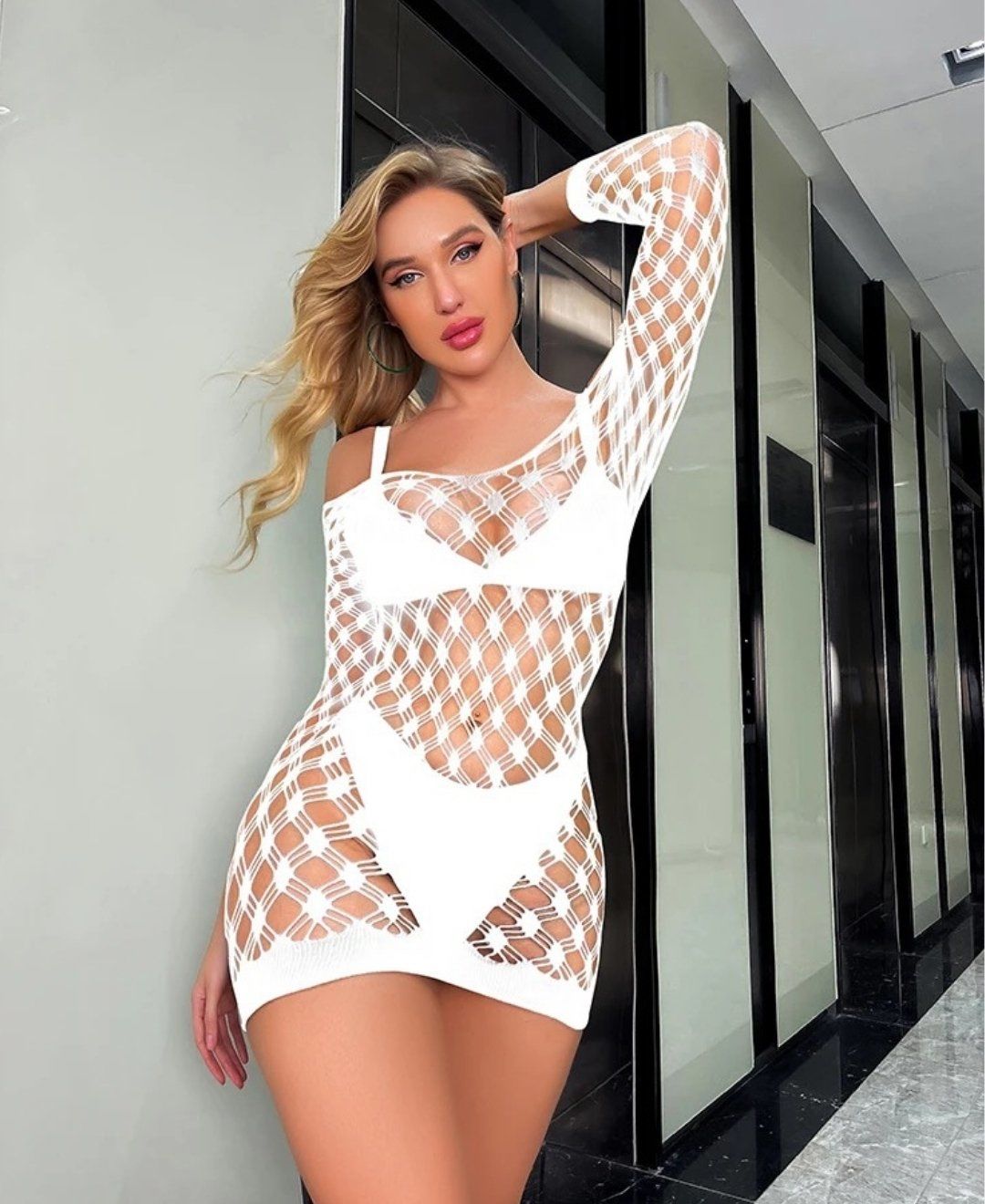 Secret Love Orta File Detaylı Mini Esnek Uzun Kol Degaje Yaka Vücut Çorabı/Babydoll Beyaz - Standart
