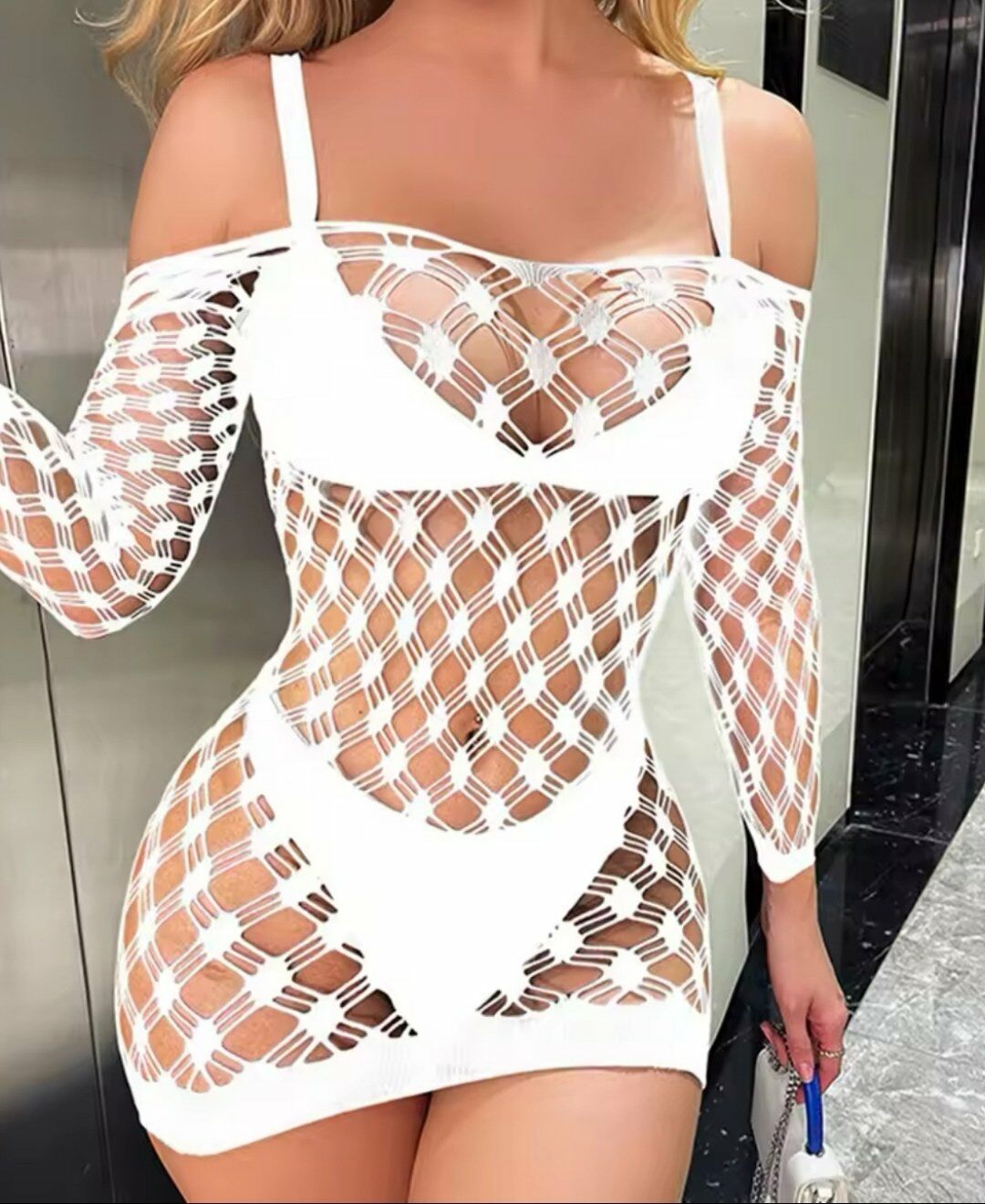 Secret Love Orta File Detaylı Mini Esnek Uzun Kol Degaje Yaka Vücut Çorabı/Babydoll Beyaz - Standart
