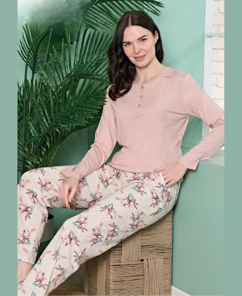 Poleren Modal Kumaş Rahat Gömlek Pantolon/Sıfır Yaka Desenli Düz Battal Pijama Takımları Pudra  - XL