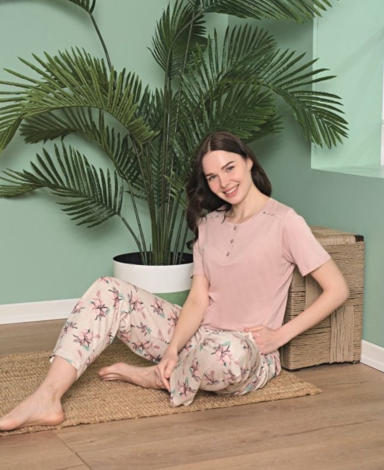 Poleren Modal Kumaş Rahat Gömlek Pantolon/Sıfır Yaka Desenli Düz Battal Pijama Takımları Pudra  - XL