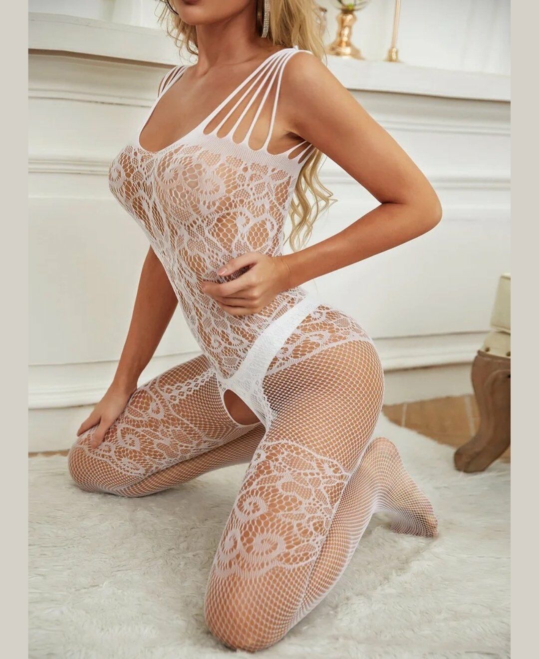 Secret Love Desenli İnce Askılı Jartiyer Görünümlü Tasarım Vücut Çorabı (Siyah,Beyaz,Pembe,Kırmızı) Beyaz - Standart