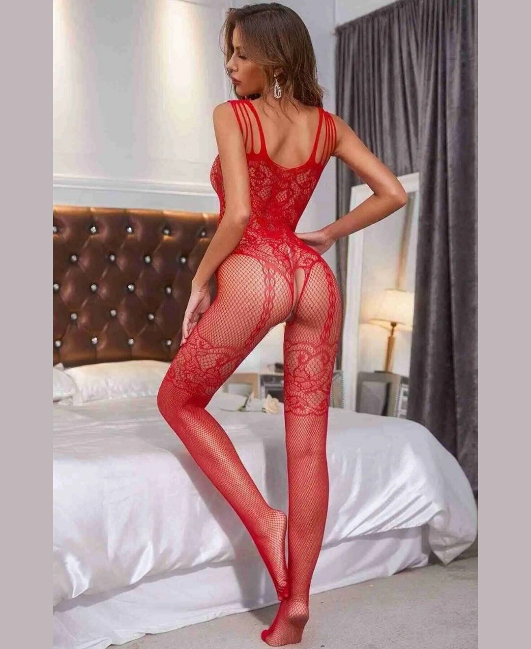 Secret Love Desenli İnce Askılı Jartiyer Görünümlü Tasarım Vücut Çorabı (Siyah,Beyaz,Pembe,Kırmızı) Kırmızı - Standart
