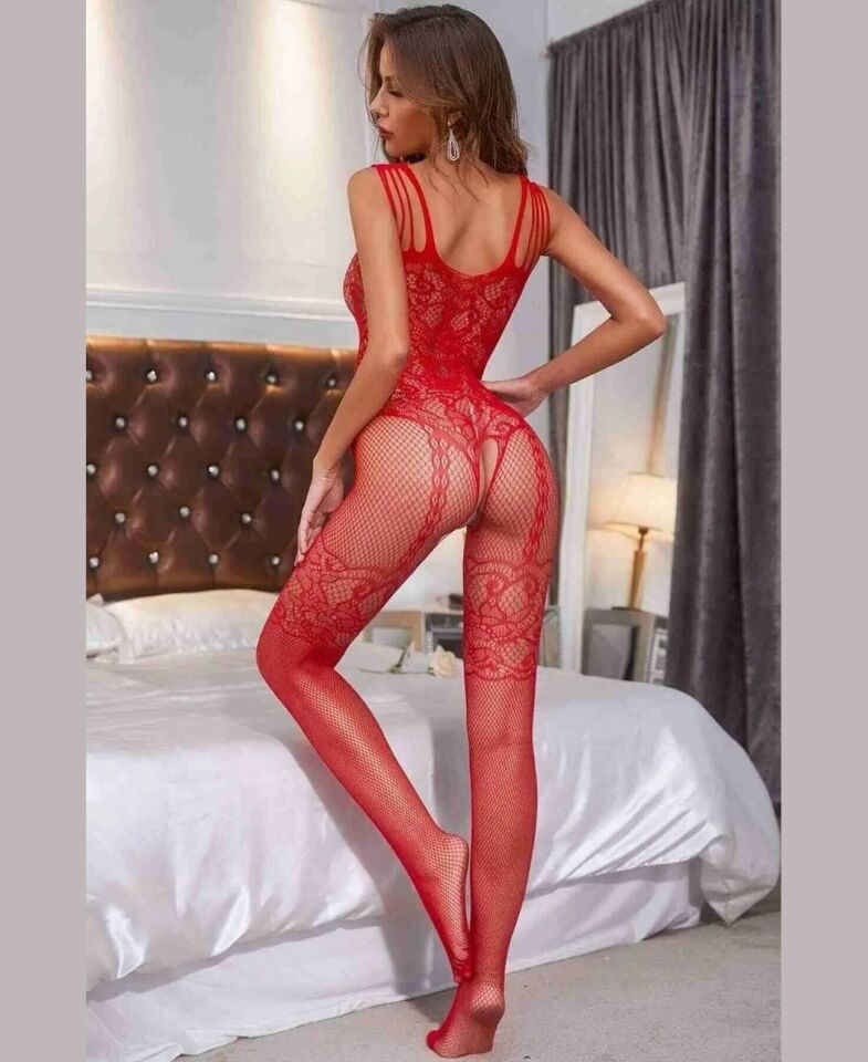 Secret Love Desenli İnce Askılı Jartiyer Görünümlü Tasarım Vücut Çorabı (Siyah,Beyaz,Pembe,Kırmızı) Kırmızı - Standart