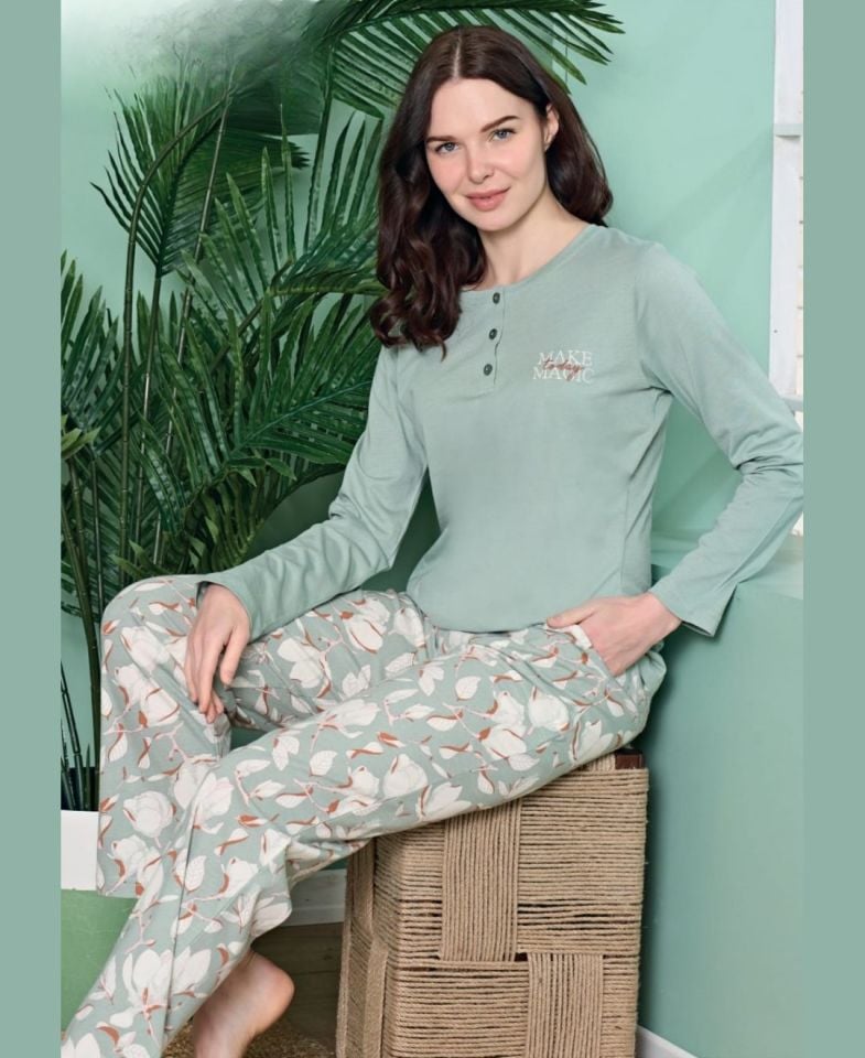 Poleren Modal Kumaş Rahat Gömlek Pantolon/Sıfır Yaka Desenli Düz Battal Pijama Takımları Çağla Yeşili - XL