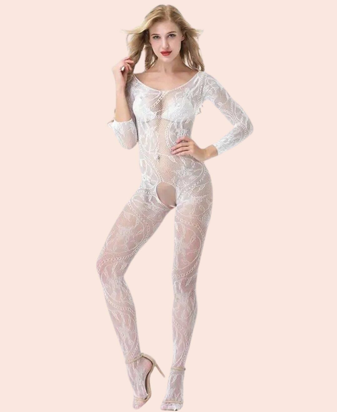 Secret Love Beyaz Desenli Degaje Yaka Vintage Desen Ağı Açık Vücut Çorabı Beyaz - Standart