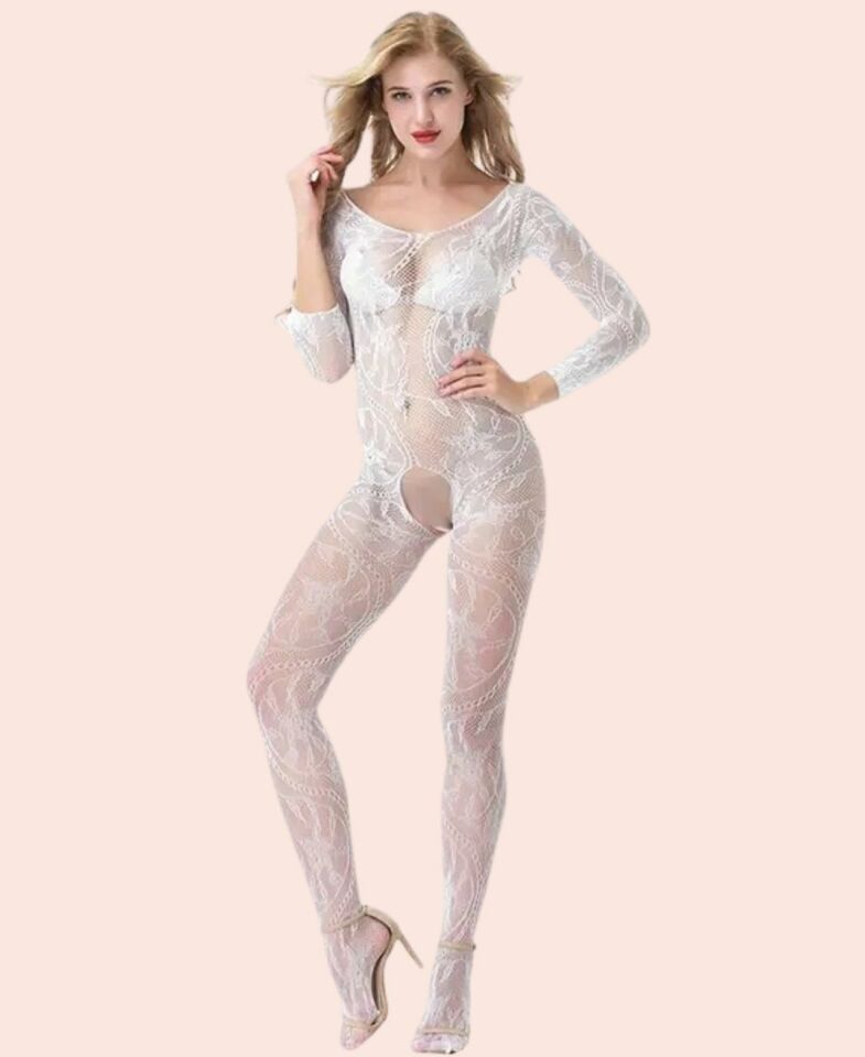Secret Love Beyaz Desenli Degaje Yaka Vintage Desen Ağı Açık Vücut Çorabı Beyaz - Standart