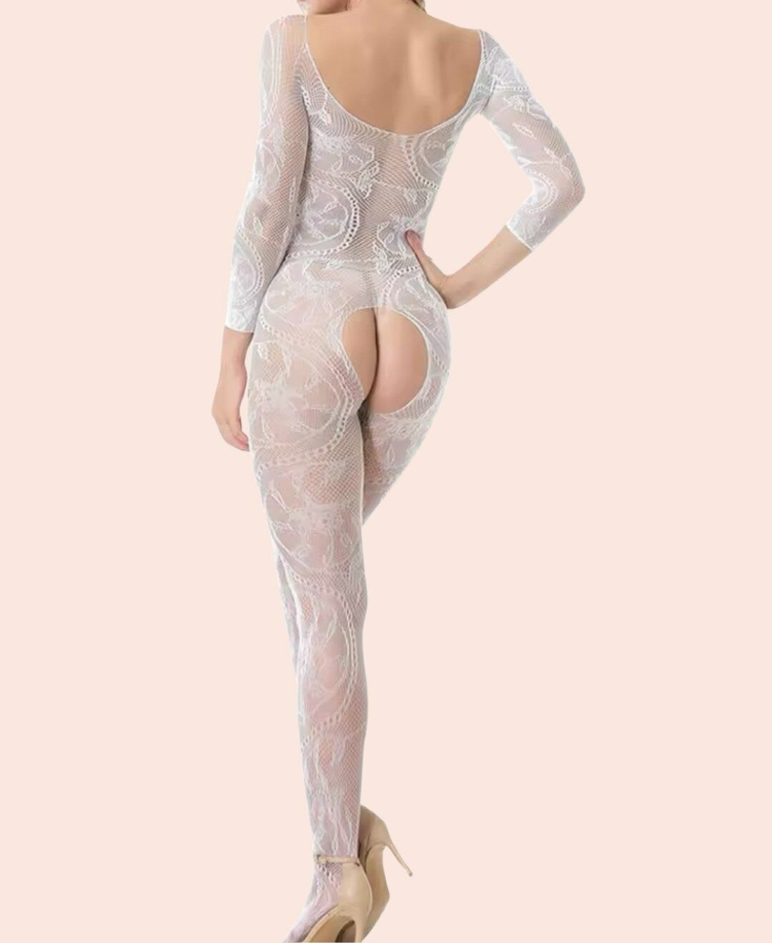 Secret Love Beyaz Desenli Degaje Yaka Vintage Desen Ağı Açık Vücut Çorabı Beyaz - Standart
