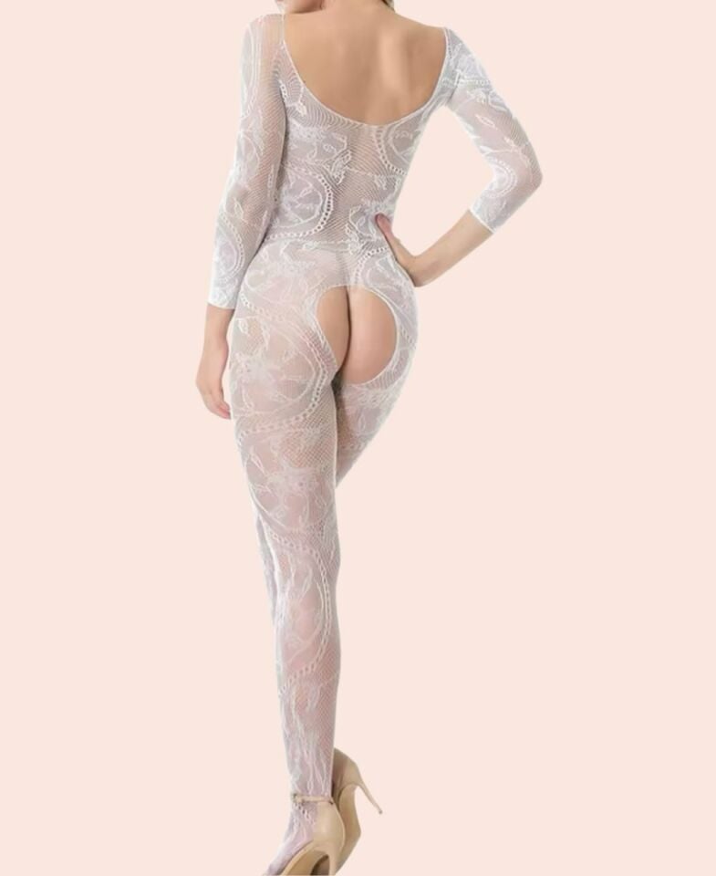 Secret Love Beyaz Desenli Degaje Yaka Vintage Desen Ağı Açık Vücut Çorabı Beyaz - Standart
