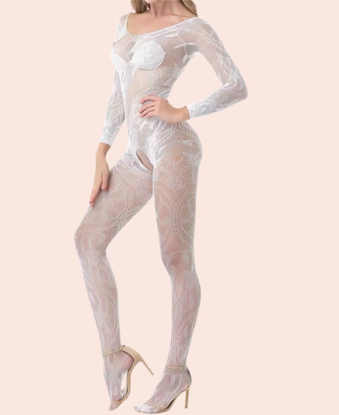 Secret Love Beyaz Desenli Degaje Yaka Vintage Desen Ağı Açık Vücut Çorabı Beyaz - Standart
