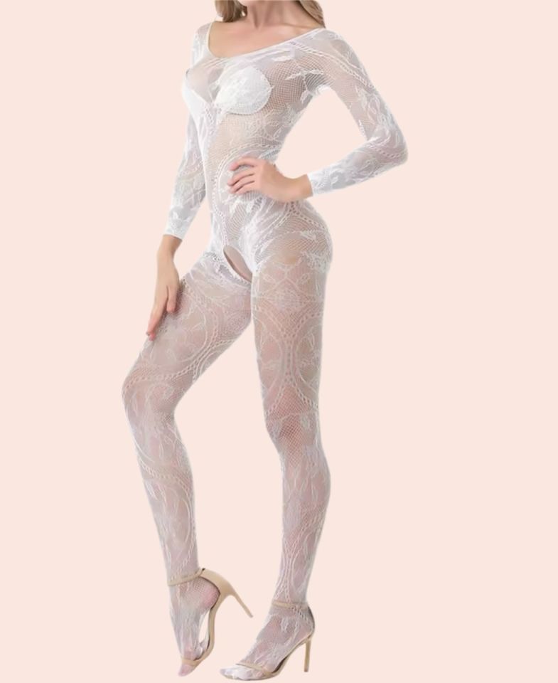 Secret Love Beyaz Desenli Degaje Yaka Vintage Desen Ağı Açık Vücut Çorabı Beyaz - Standart