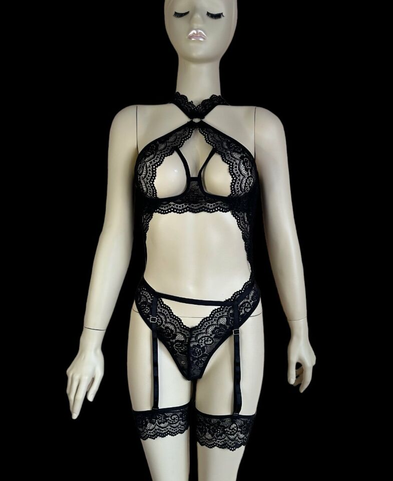 Kadın Dantelli Balensiz Tasarım Jartiyer Bodysuit Takım - 8453 Siyah - S
