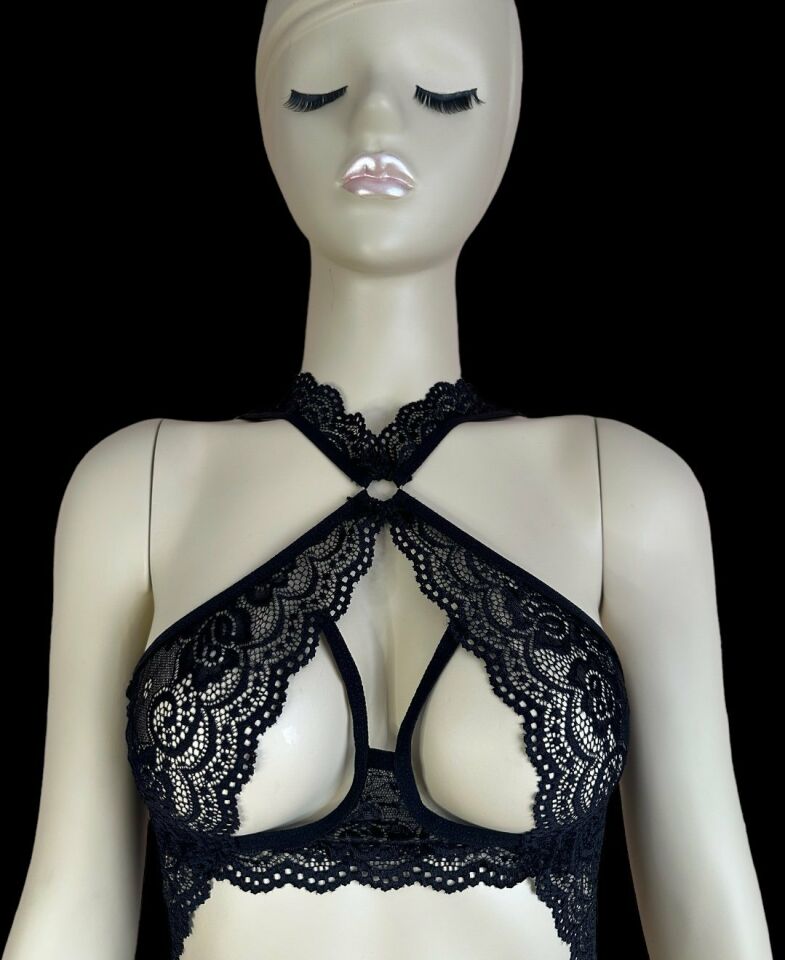 Kadın Dantelli Balensiz Tasarım Jartiyer Bodysuit Takım - 8453 Siyah - S