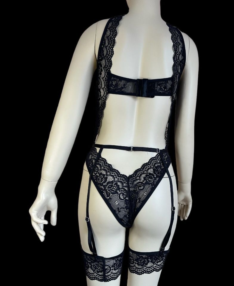 Kadın Dantelli Balensiz Tasarım Jartiyer Bodysuit Takım - 8453 Siyah - S