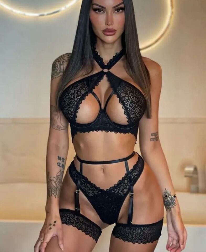 Kadın Dantelli Balensiz Tasarım Jartiyer Bodysuit Takım - 8453 Siyah - M