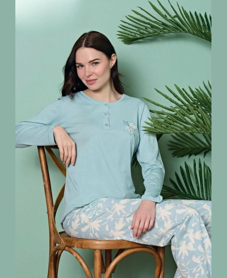 Poleren Modal Kumaş Rahat Gömlek Pantolon/Sıfır Yaka Desenli Düz Battal Pijama Takımları Turkuaz - XL
