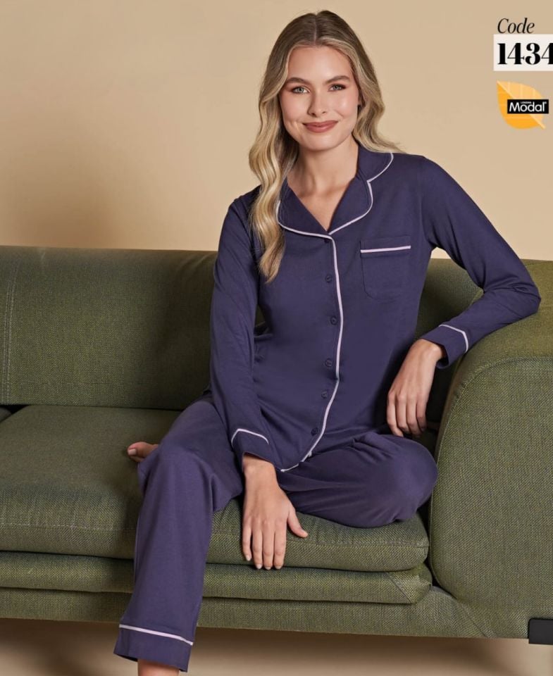 Poleren Modal Kumaş Rahat Gömlek Pantolon/Sıfır Yaka Desenli Düz Battal Pijama Takımları Mor - S