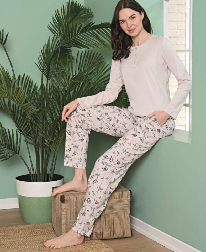 Poleren Modal Kumaş Rahat Gömlek Pantolon/Sıfır Yaka Desenli Düz Battal Pijama Takımları Taş Rengi - 2XL