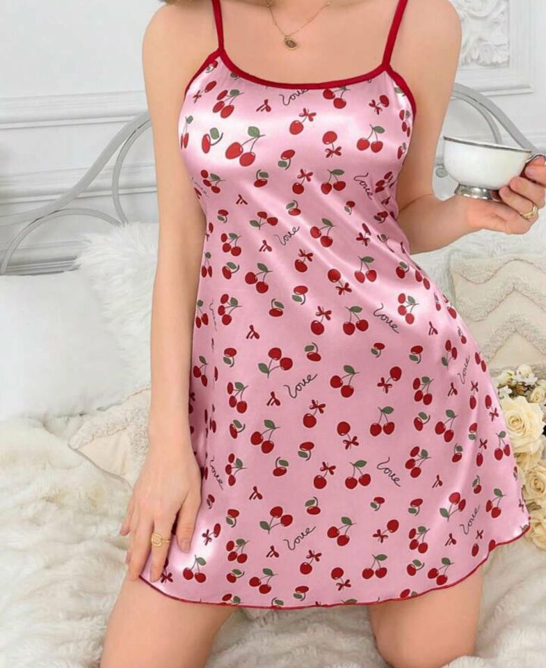 Pembe -Love- Yazılı Kiraz Desenli İnce Askılı Mini Gecelik/Babydoll -3649 Pembe - S