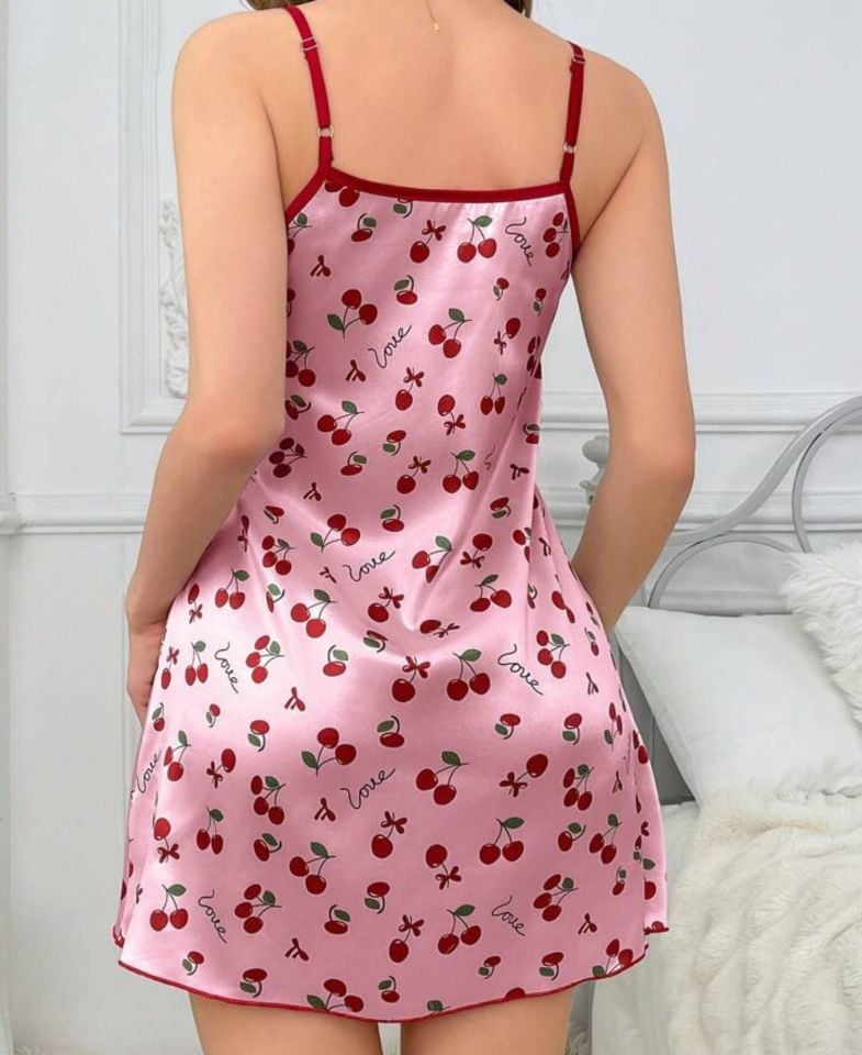 Pembe -Love- Yazılı Kiraz Desenli İnce Askılı Mini Gecelik/Babydoll -3649