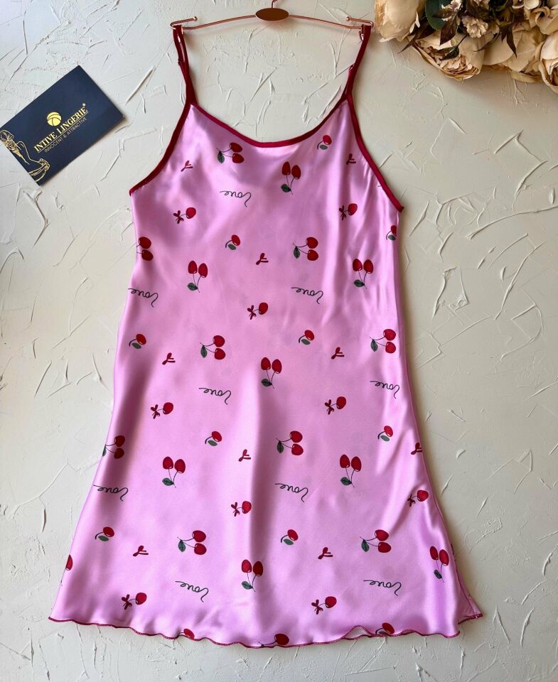 Pembe -Love- Yazılı Kiraz Desenli İnce Askılı Mini Gecelik/Babydoll -3649 Pembe - S